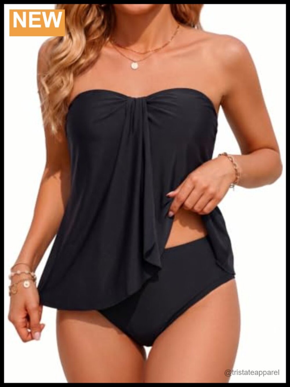 Two Piece Tankini Swimsuits Flyaway Halter Bandeau Swim Top with Mid-Rise